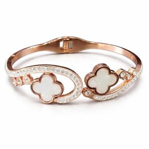 Rose Gold Plated Clover Bracelet for Women Adjustable Open Cuff Bangle with Crystal Stone Stylish Elegant Jewelry for Girls Party Wedding Daily Wear