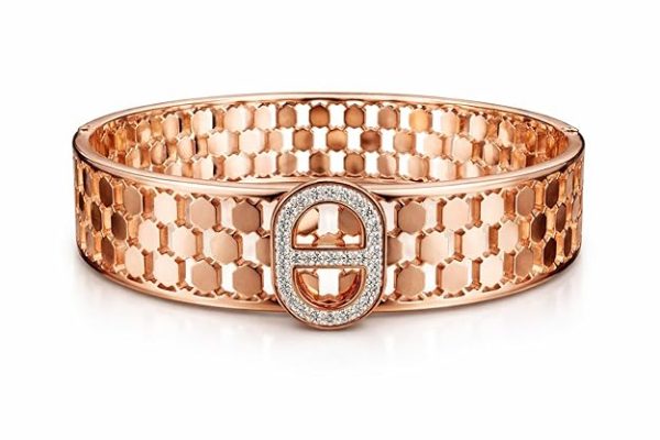 Rose Gold Plated Honeycomb Bracelet for Women Crystal Studded Lock Design Cuff Bangle Stylish Elegant Jewelry for Daily Wear Party Gift