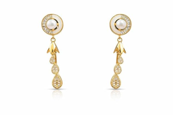 Elegant Gold Pearl Drop Earrings for Women | Stylish Designer Dangle Earrings with Crystal Detailing | Lightweight Fashion Jewelry | Wedding & Festive Collection