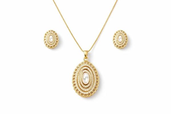 Gold Plated Oval Pendant Necklace Set with Earrings for Women | Crystal Studded Stylish Jewelry Set | Lightweight Anti-Tarnish Gift for Women & Girls