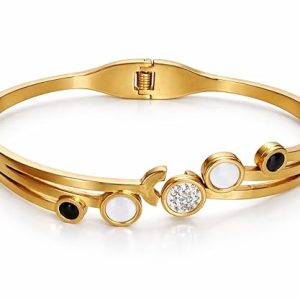 Premium Gold Plated Bracelet for Women Elegant Adjustable Open Bangle with Mother of Pearl and Crystal Accent Stylish Designer Jewelry for Daily Wear Gift for Girls Ladies