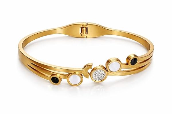 Premium Gold Plated Bracelet for Women Elegant Adjustable Open Bangle with Mother of Pearl and Crystal Accent Stylish Designer Jewelry for Daily Wear Gift for Girls Ladies
