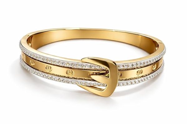Elegant Gold Plated Bracelet for Women with Crystal Studded Edges Buckle Design Adjustable Luxury Bangle Premium Fashion Jewelry Daily Wear Gift