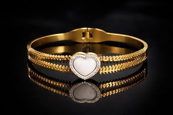 Elegant Gold Bracelet for Women Heart Shape Mother of Pearl Crystal Accent Adjustable Open Bangle Stylish Designer Jewelry for Daily Wear Gift for Girls and Ladies