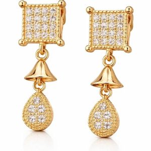 Gold Plated Diamond Studded Drop Earrings for Women | Square Stud with Teardrop Dangle | Elegant Party & Daily Wear Jewelry Gift