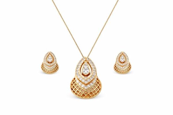 Gold Plated CZ Jewellery Set for Women | Teardrop Pendant Necklace Set with Earrings | Designer Necklace Set for Girls & Women