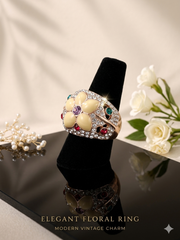 Vintage Floral Multi-Stone Cocktail Ring in Rose Gold