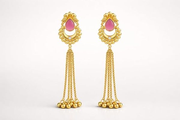 Elegant Gold Plated Pink Stone Long Tassel Earrings for Women | Traditional Ethnic Drop Earrings with Chain Dangles | Wedding & Party Jewellery