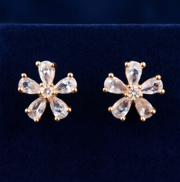 Elegant Gold-Tone Floral Stud Earrings with Radiant Pear-Cut Gemstones