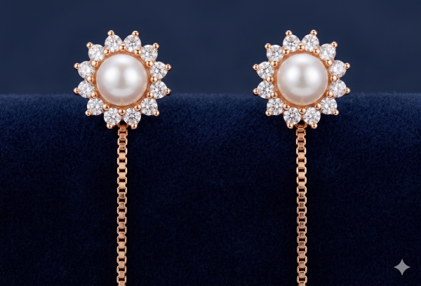 Radiant Pearl Bloom Earrings with Elegant Rose Gold Chain Drops