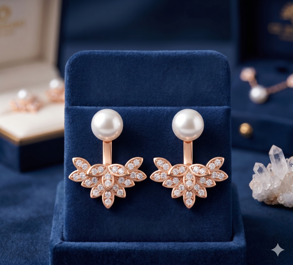 Elegant rose gold-finished jacket earrings featuring luminous white pearls and intricate petal-inspired drops studded