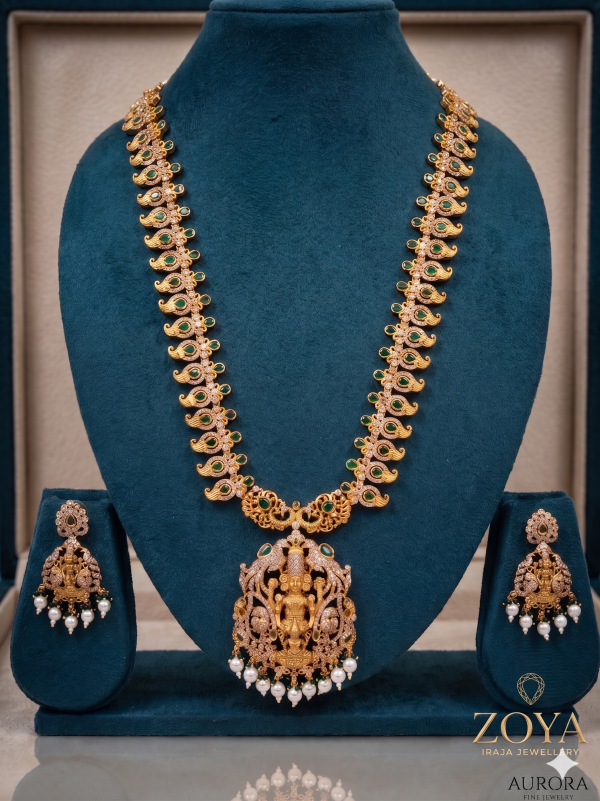 Divine Lakshmi Temple Necklace with Emerald Accents and Pearl Droplets