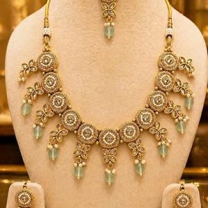ZIO Traditional Gold Plated Necklace Set for Women with Earrings & Maang Tikka | Green Beads Bridal Jewelry Set | Wedding & Festive Jewellery