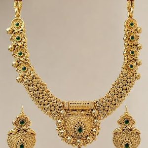 ZIO Traditional Gold Plated Necklace Set with Green Stone for Women | Bridal Temple Jewelry Set with Matching Earrings | Wedding Party Ethnic Jewelry | Heavy Designer Choker Necklace