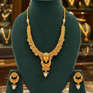 ZIO Traditional Gold Plated Necklace Set for Women with Earrings | Bridal Jewelry Set | Temple Design Necklace with Pearl Drop Pendant | Ethnic Jewellery Set for Women & Girls