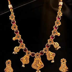 ZIO Traditional Gold Plated Necklace Set for Women with Earrings | Temple Design Ruby Stone & Pearl Drop Jewelry | Bridal Wedding Ethnic Necklace Set