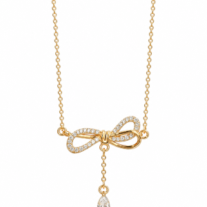 Golden Bow Sparkle Drop Necklace