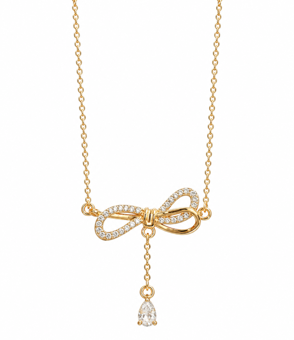 Golden Bow Sparkle Drop Necklace