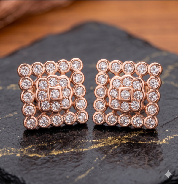 Elegant Rose Gold Square Halo Stud Earrings