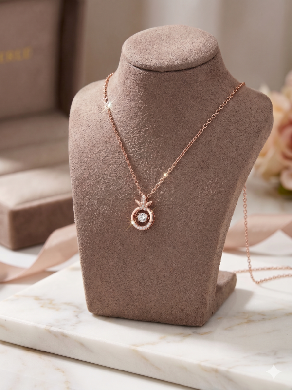 Rose Gold Suspended Solitaire Geometric Halo Pendant Necklace